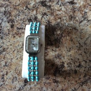 AVALON QUARTZ TURQUOISE & WHITE SAPPHIRE STRETCH BRACELET WATCH.